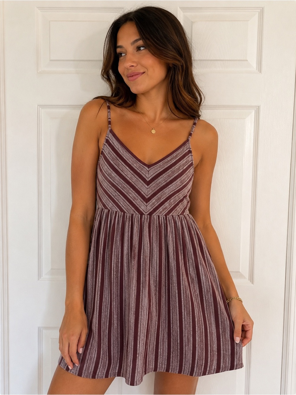 Universal Thread Sleeveless Striped Fit & Flare Dress in Burgundy and Cream